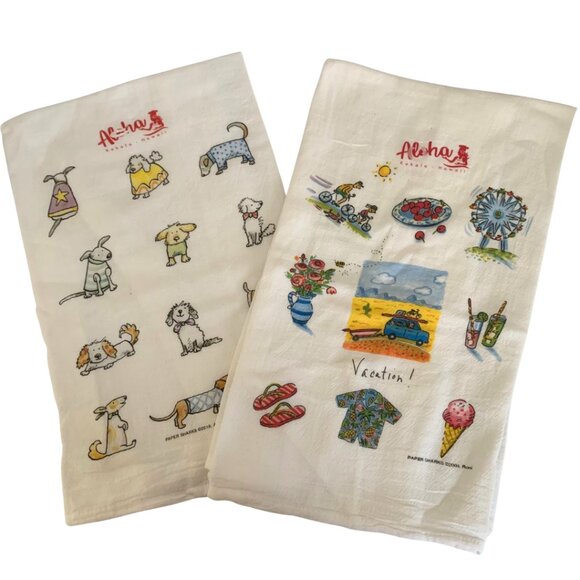 Hawaii Aloha Kitchen Cotton Tea Towel Dog and Vacation Print Set of 2 Gift  New - Picture 1 of 5